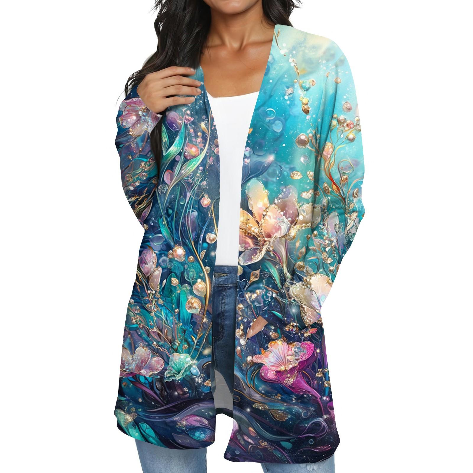 

Женская модная повседневная куртка-кардиган средней длины в стиле ретро с цветочным принтом XL