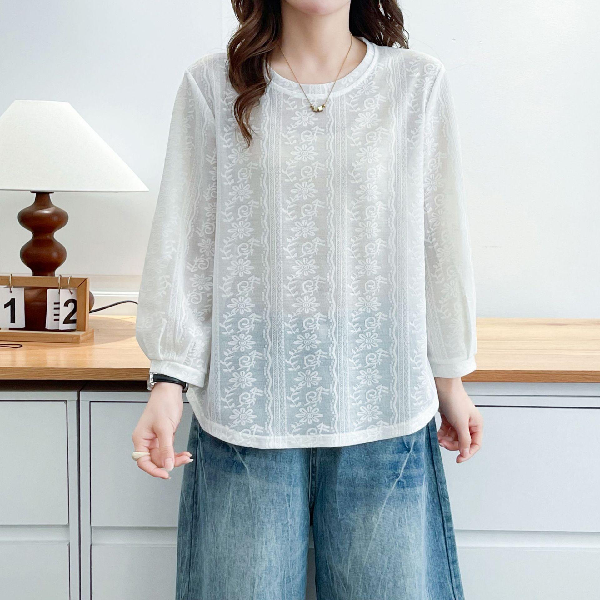 

Plus Size Seven-Sleeve Hollow Jacquard Top - Spring/Summer 2026 Round Neck Versatile Base Layer for Chubby Girls 3XL