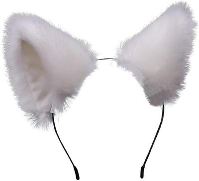 Qintreesify Cute Cat Ear Headband with Long Fur and Fox Ears, Cosplay Headband with Bell, Headwear for Party Costumes, Halloween Hair Hoop, White