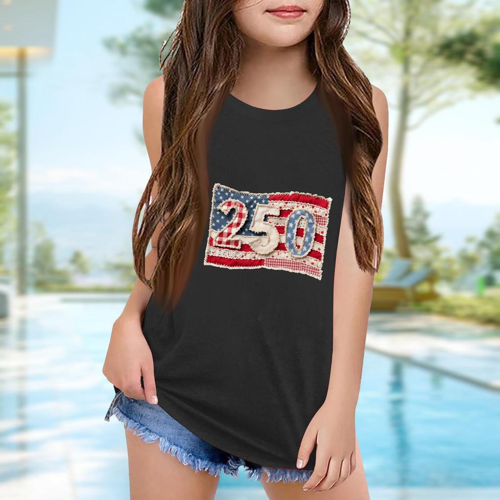 Girls  Kids Summer Crewneck Sleeveless Shirts Tank Tops Independence Day