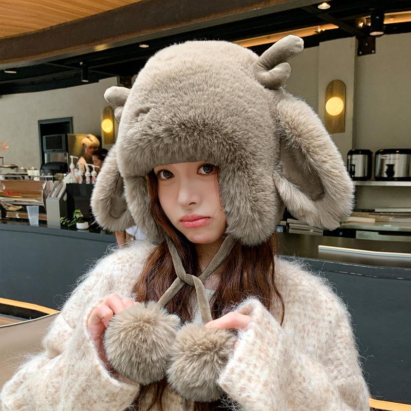 Women Autumn Winter Warm Thicken Ear Protector Hat Cold Plush Velvet Outdoor Antlers Knitted Bomber Cap Sweet Cute Lei Feng Hats