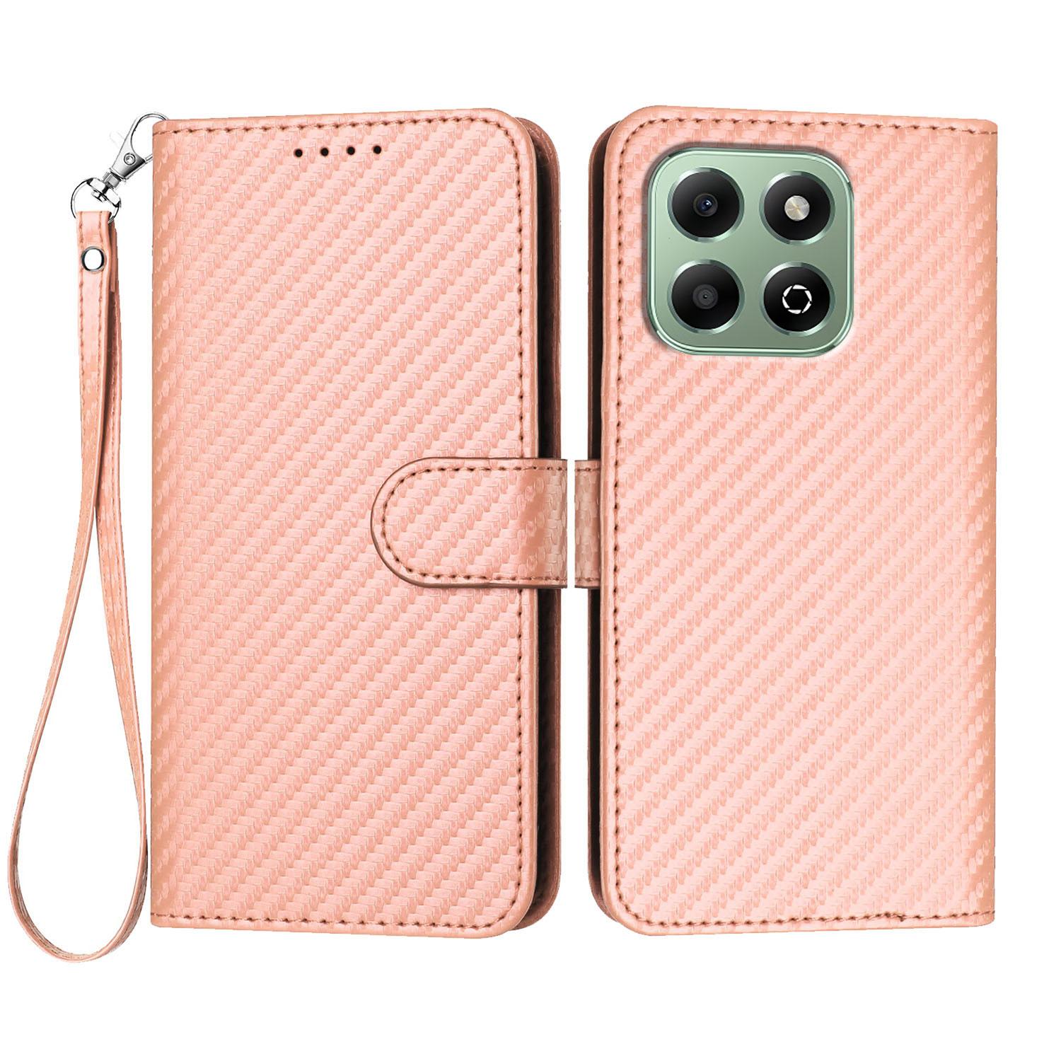 

For Honor X6b 4G/Honor X6a 4G Wallet Case with Strap Carbon Fiber Texture Leather Mobile Cover Pink