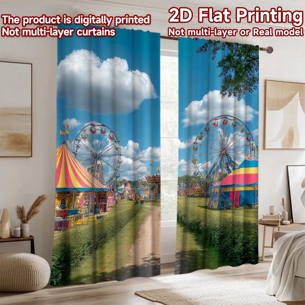 2D flat printing 2pcs Scene Curtain Carnival Ferris Wheel Fun Sky Digital Printed Polyester Drapes Birthday Party Perfect for