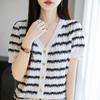 Summer New All Match Striped Knitted Short Sleeve Women's Half Sleeve Knitted Shirt Fashion V-neck Striped Popularity Top