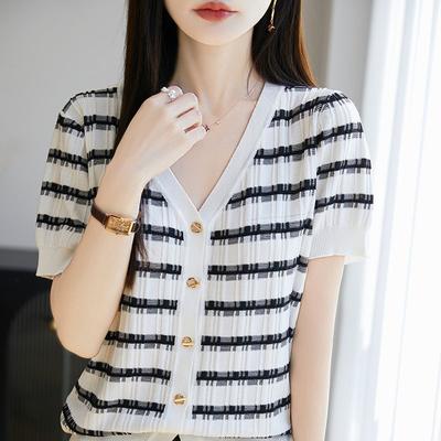 Zomer Nieuw Alles-Match Gestreept Gebreid Kortmouwige Dames Halve Mouw Gebreide Blouse Mode V-hals Gestreept Populair Top