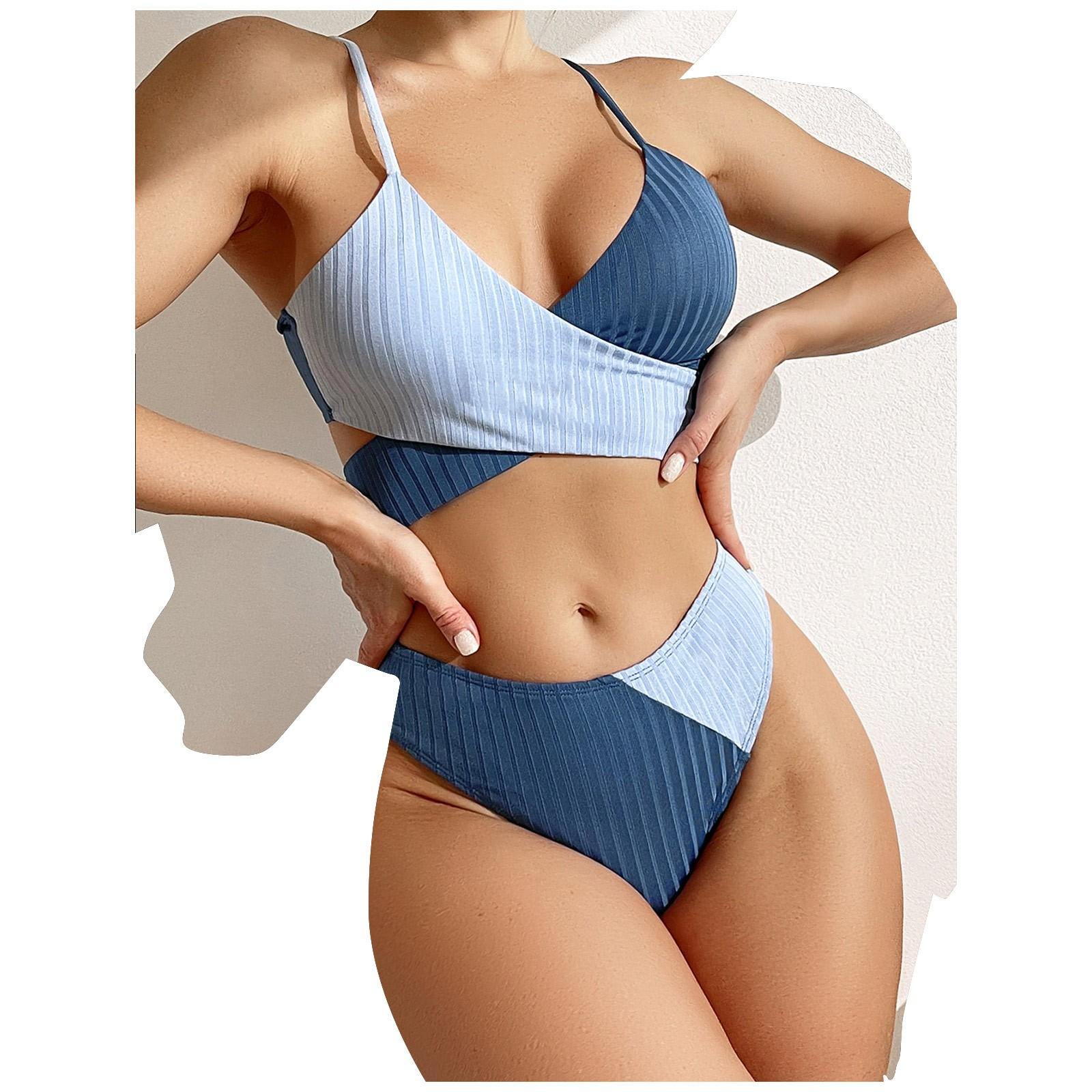 

Женский однотонный комплект бикини с высокой грудью и бретельками, купальник из двух частей M синий
