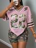 2025 Summer Women's 22nd Fashion Y2K Breathable Quick Drying T-shirt Camo Printed Loose Music Festival Party Comfortable Shirt
