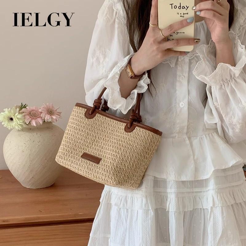 IELGY Beach Wind Hand-woven Small Bag, Shoulder Crossbody Vegetable Basket, Bucket Straw Bag