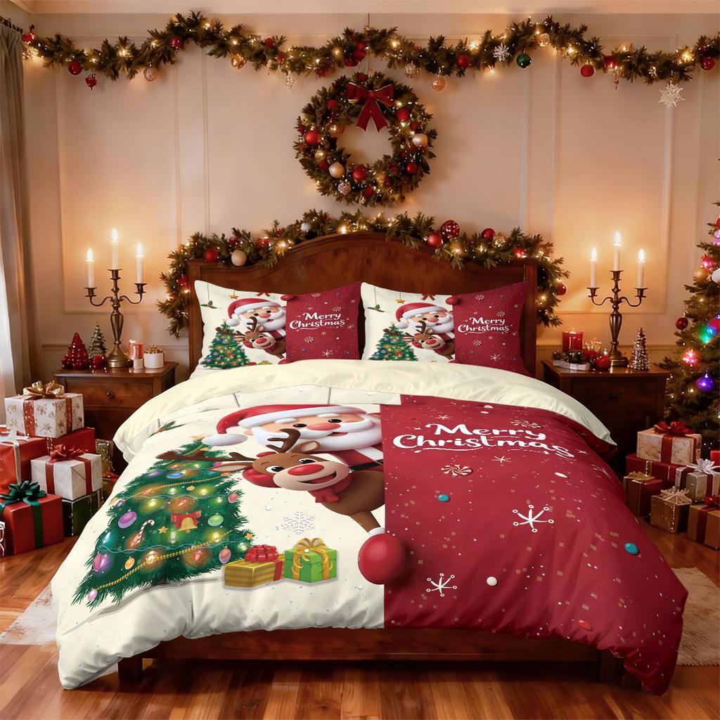 3pc Merry Christmas Cartoon Santa Claus Printed Chipless Quilt Set Multi Size Bedrooms Dormitory Bedding Holiday Decoration