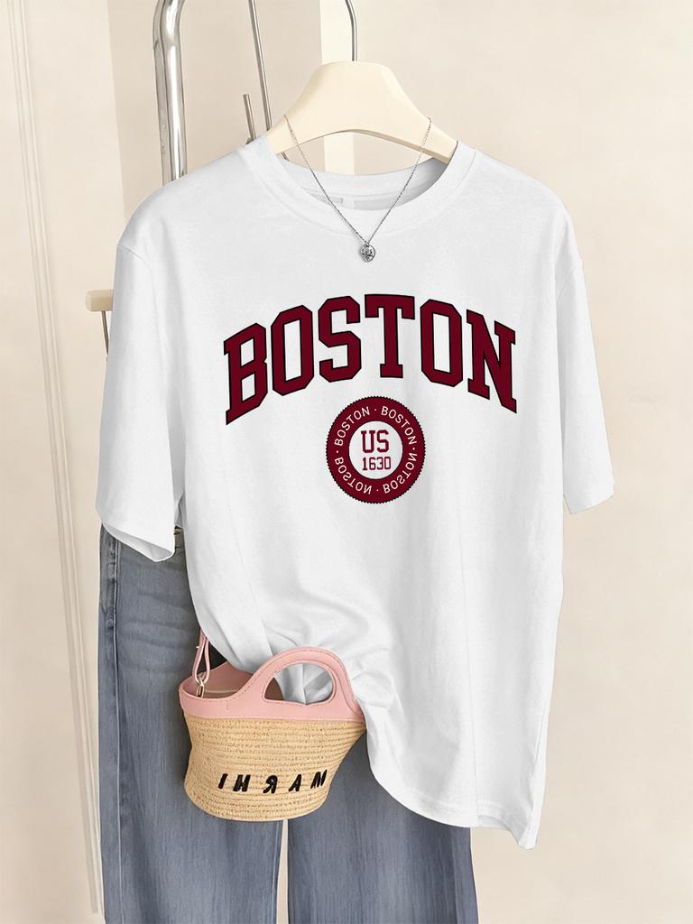 Boston City Us 1630 Letter Prints TShirts Womens Summer Basic T Shirts ONeck Soft Short Sleeve Tops Casual Loose Woman Clothes