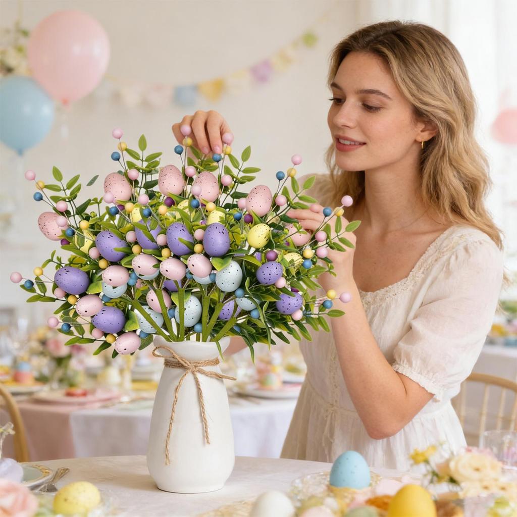 Påsk Konstgjord Blomsterbukett Plast Falsk Blomsterarrangemang med Ägg och Bär för Heminredning 2026 Festtillbehör