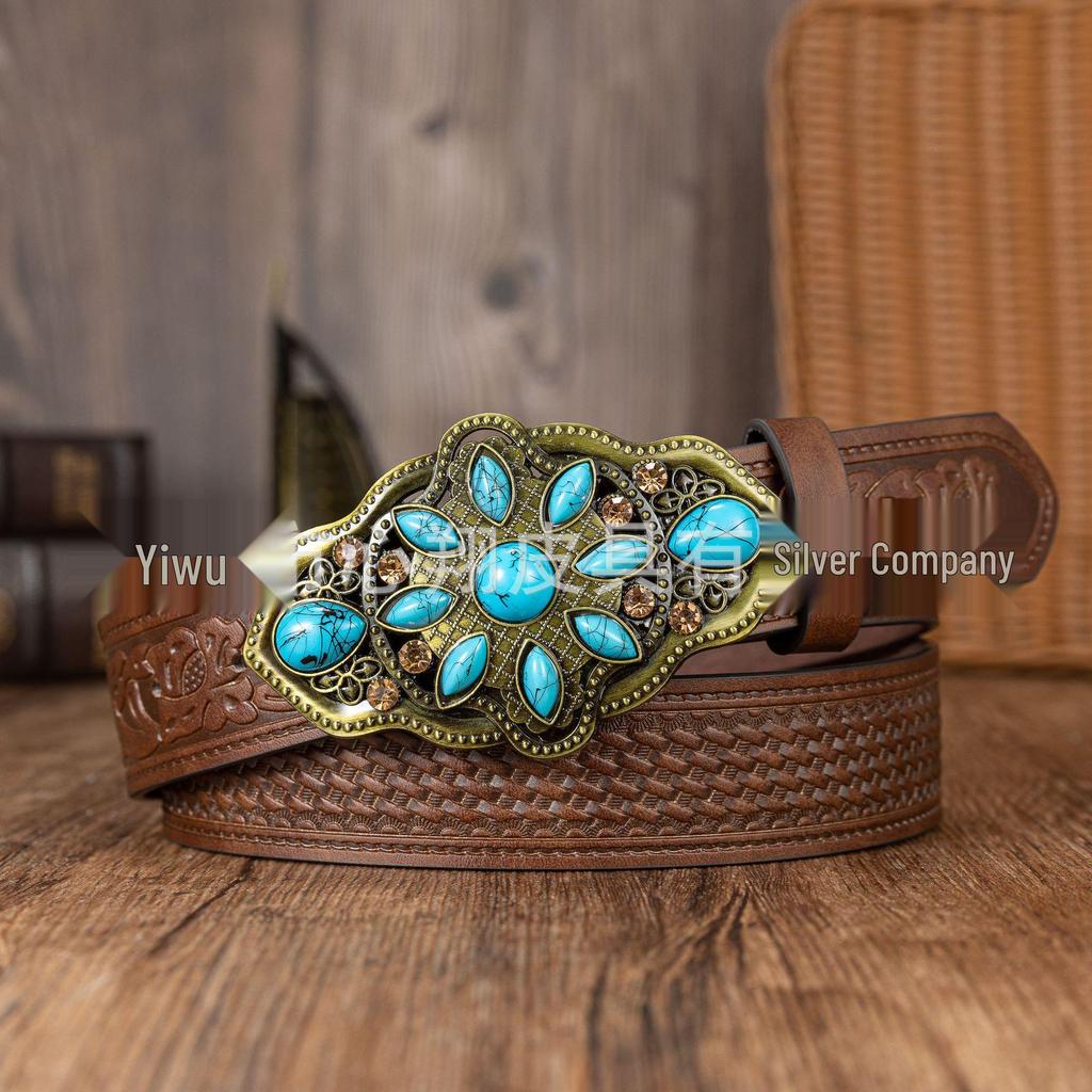 Retro Turquoise Inlaid Buckle PU Leather Embossed Unisex Belt