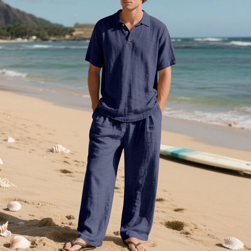 European Men's Casual Linen Short-Sleeve Shirt & Long Pants Set - Breathable Cotton Blend Two-Piece