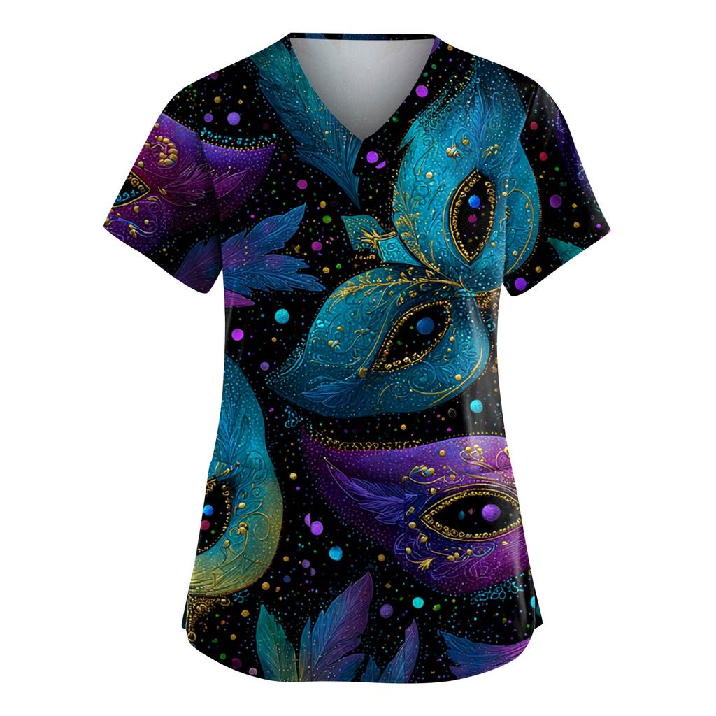 Women's Fashion V-Neck Short-Sleeved Workwear With Pockets Carnival Print Top Caregiver Uniform