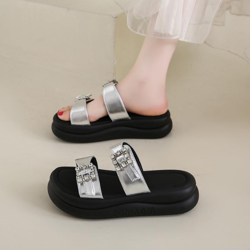 Summer 2025 New Niche Design Belt Buckle Double Belt Cool Slippers Women Wear Comfortable Thick Bottom Fashion One-word Drag