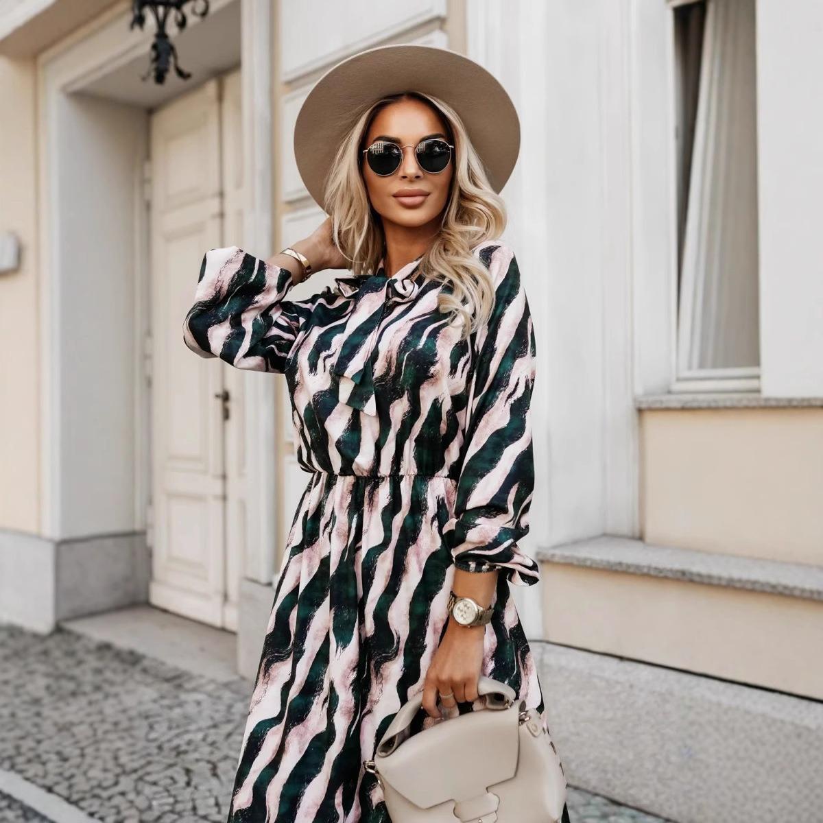 Spring Zebra Print Lace-up Waist Cinched Long Sleeve Dress Women s Casual Fashion Dress for European American S