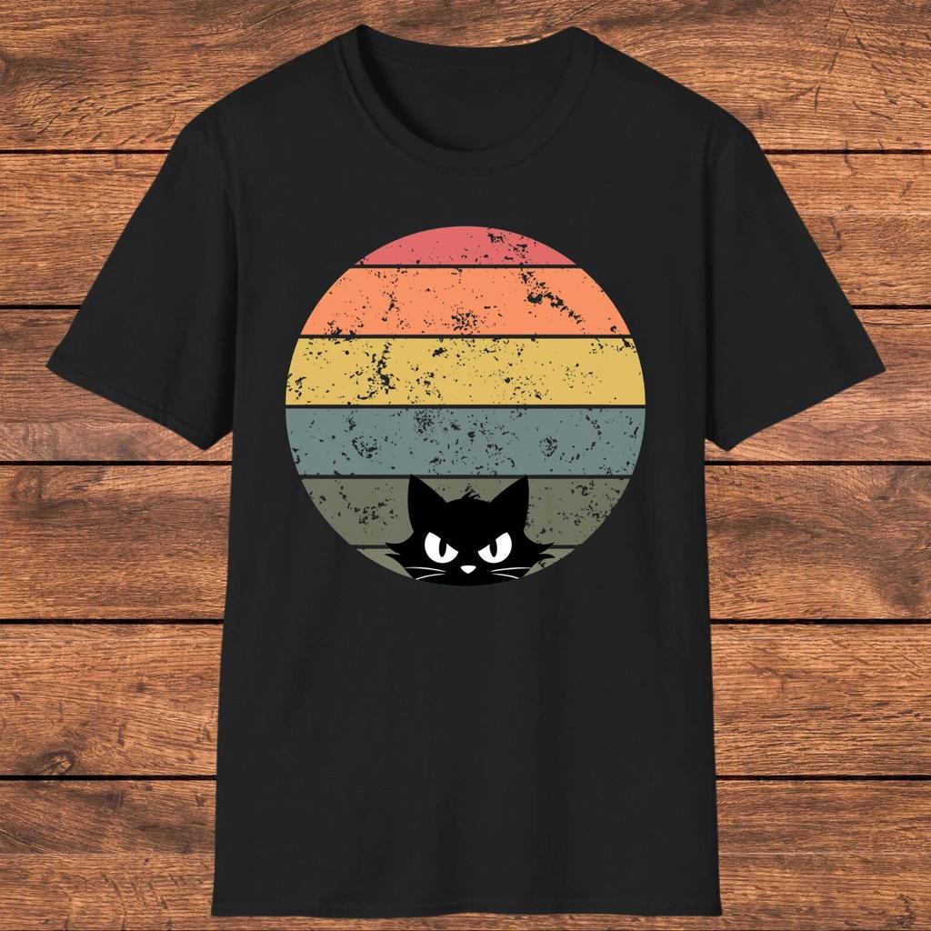 Men's and Women's T-shirts Retro Black Cat T-Shirt, Vintage Sunset Cat Graphic Tee, Cat Lover Funny Gift