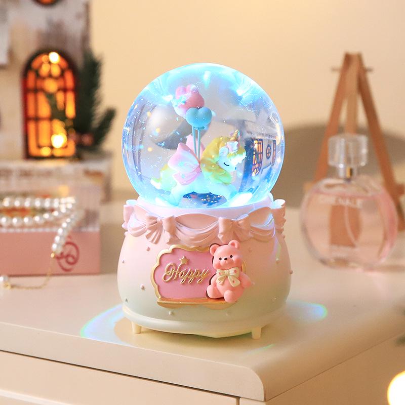 Creative Rotating Unicorn Crystal Ball Music Box with Luminous Snowfall