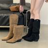 Eilyken Winter Designer Pointed Toe Women Knee High Boots Fashion Square Heels Buckle Fold Short Shoes Botas