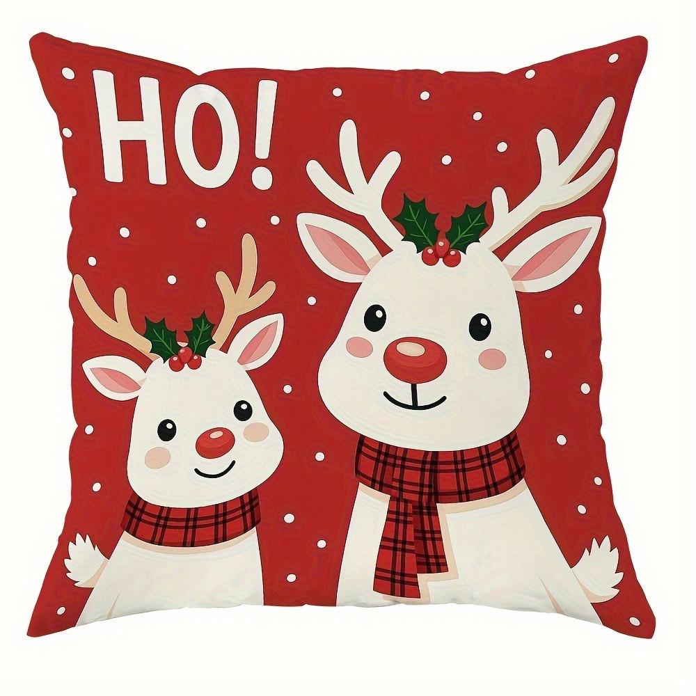 

Christmas pillowcase with red background: snowman, tree, deer and ”love pattern New Year home decoration 2d flat printing 16x16Inch