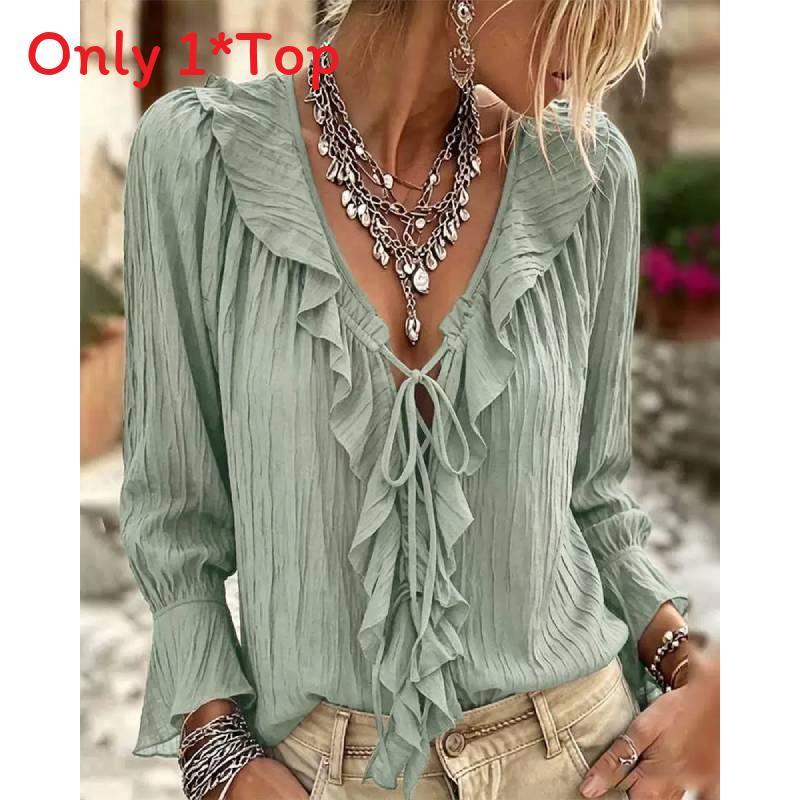 Polyester Blouse With Ruffle Hem And Long Sleeves For Office Wear