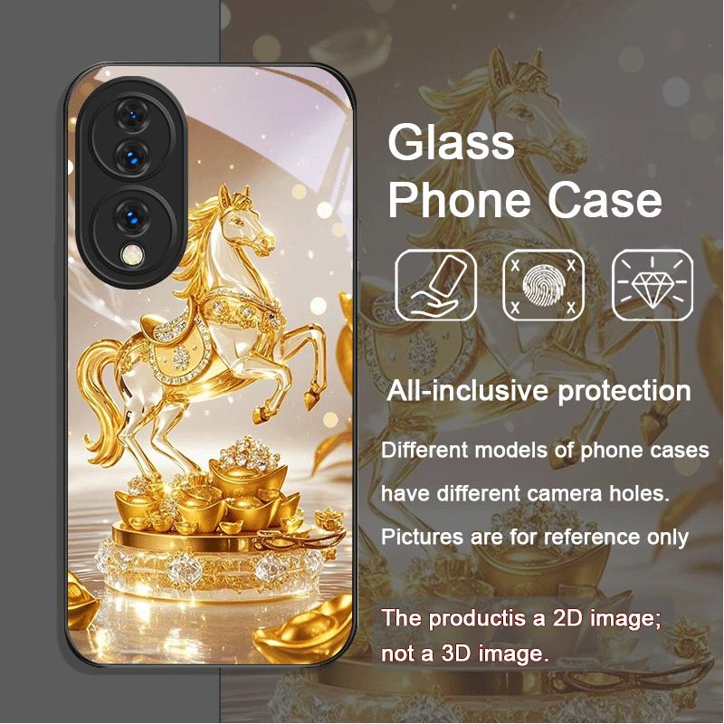 

Luxury Crystal Golden Horse Pattern Tempered Glass Phone Case for Huawei Honor 200 Lite 100 Pro 90 80 GT Magic 7 6 X8 X9 Covers Honor 60