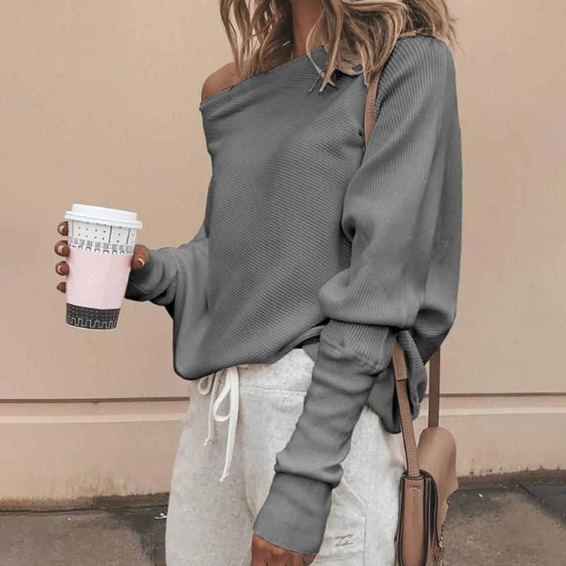 S-5XL Loose Printed Off Shoulder Women Casual Long Sleeved Plus Size T-Shirt Women Sexy One-neck Raglan Sleeve Sweater