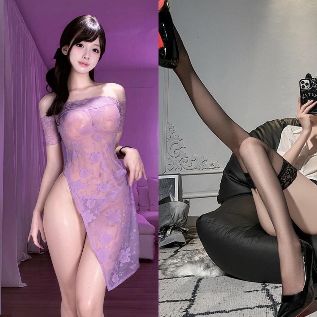 Large size erotic underwear rose one-word collar perspective cheongsam sexy woman pure desire to show buttocks without temptation H