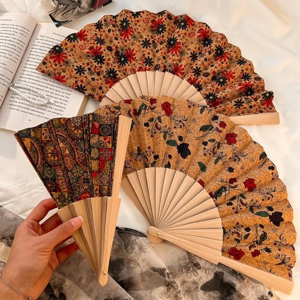 Vintage Bohemian Style Cork Folding Fan Graft Gift Props Wooden Folding Fan Home Decor Hand Folding Fan