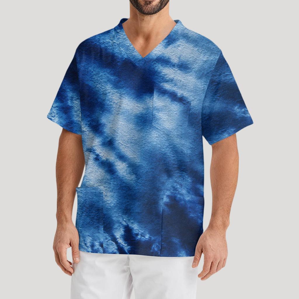 Men's Printing Short Sleeve V-neck Working Blouse Chest Pocket Carer Top