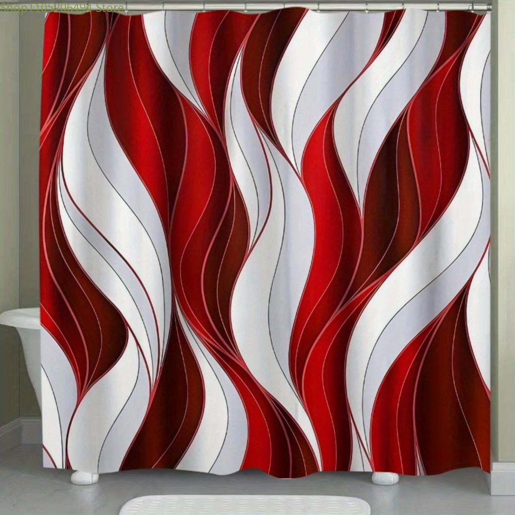 1pc Red & White Abstract Wave Pattern Shower Curtain - Stylish Polyester Bath Mat with Vibrant Red, White, and Brown Swirls, M