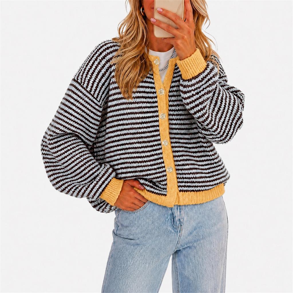 Casual Striped Button Cardigan Knitted Top Sweater