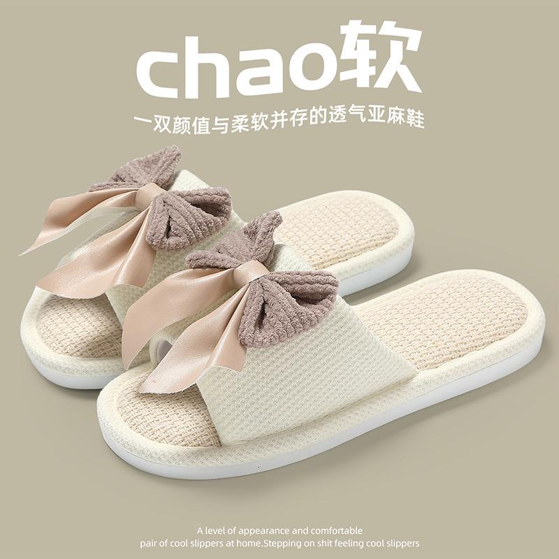 Bow linen slippers four seasons indoor floor non-slip cotton and linen wholesale comfortable 36-37