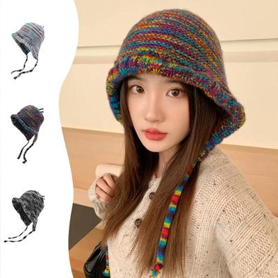 Nuovo Berretto di Lana Lavorato a Maglia a Righe Arcobaleno Donna Ragazza Inverno Caldo Uncinetto Protezione Orecchie Berretto Coreano Sci Neve Antivento