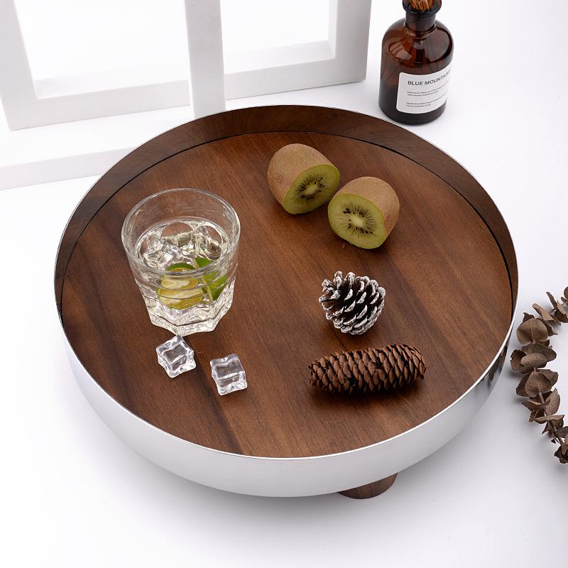 Luxury Tray Stainless Steel Wooden Perfume Simple Storage Trays Circular Decorative Fruit Bowl Kitchen Organizer Acceesories