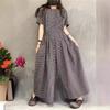 Short Sleeve Wide Leg Overalls Pleated Waist O Neck Loose Casual Gingham Jumpsuits Fashion Women Long
