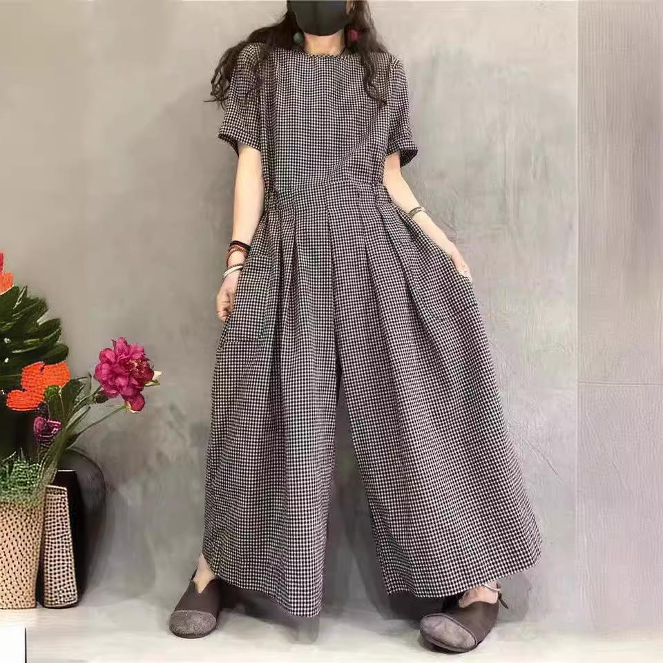 Short Sleeve Wide Leg Overalls Pleated Waist O Neck Loose Casual Gingham Jumpsuits Fashion Women Long