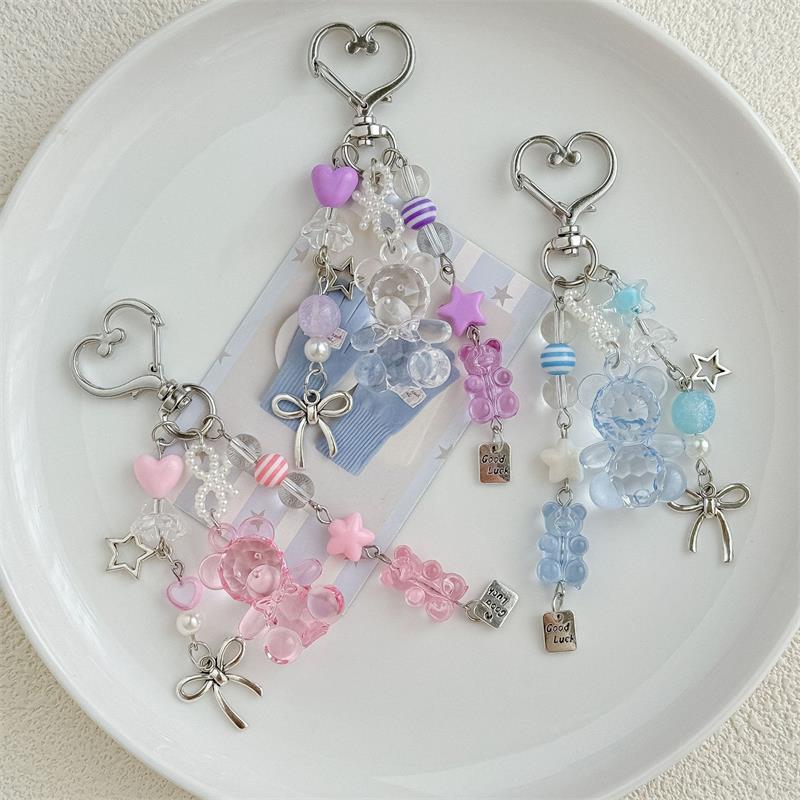 Cute Transparent Bear Bag Keychain Pendant Love Bow Charm Elegant Keyring Sweet Phone Chain Girly Backpack Hanging Ornament Gift