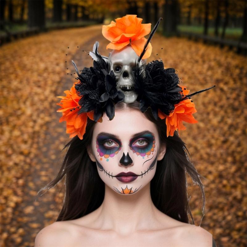 Halloween Party Skull Headpiece With Punk Flower Decors Comfortable Hairband For Adult Costume Event Gathering Headwear