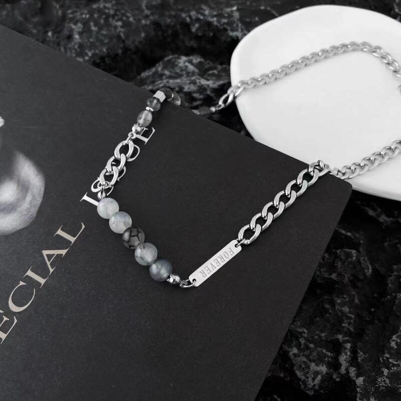 Stainless Steel Gray Color Glass Beaded Choker Necklaces for Women Men Personality Hiphop Necklaces All Saints' Day Jewelry Gift