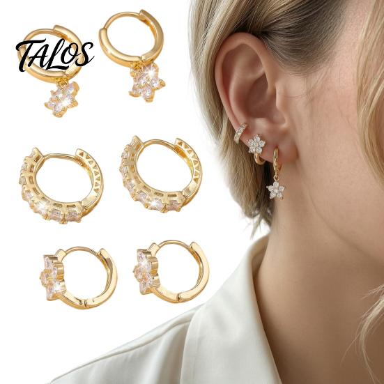 Gold Plated Hoop Earrings for Women 3 Pairs Star Zirconia Flower Drop Earrings, Minimalist Dangle Versatile Earring Set Daily Wear Women,