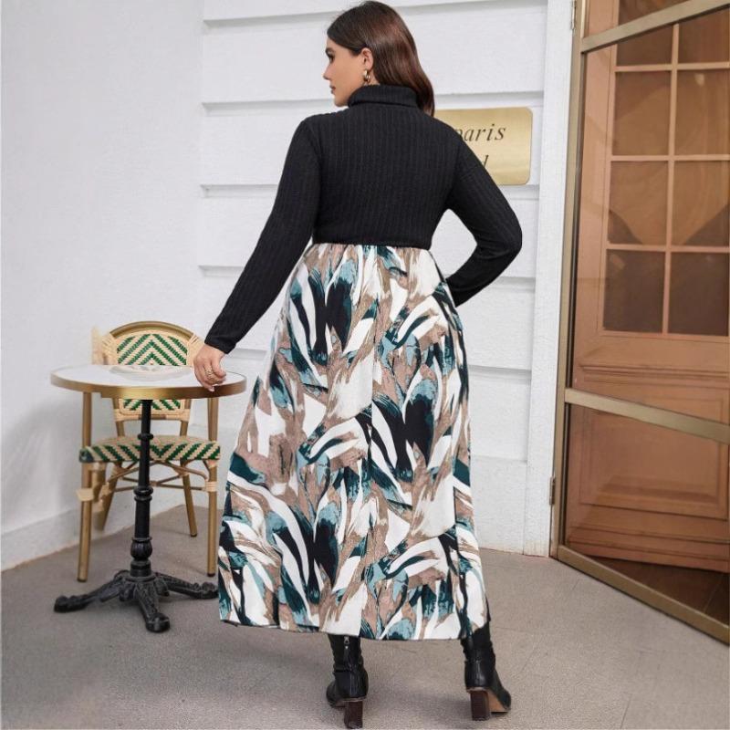 Plus Size Women's New Autumn Printed Color Matching High Neck Waist Dress