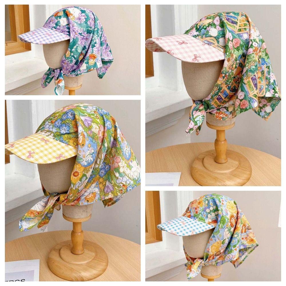 Plaid Headscarf Baseball Hat Floral Triangle Headscarf Hat Driving Scarf Peaked Cap  Summer Outing