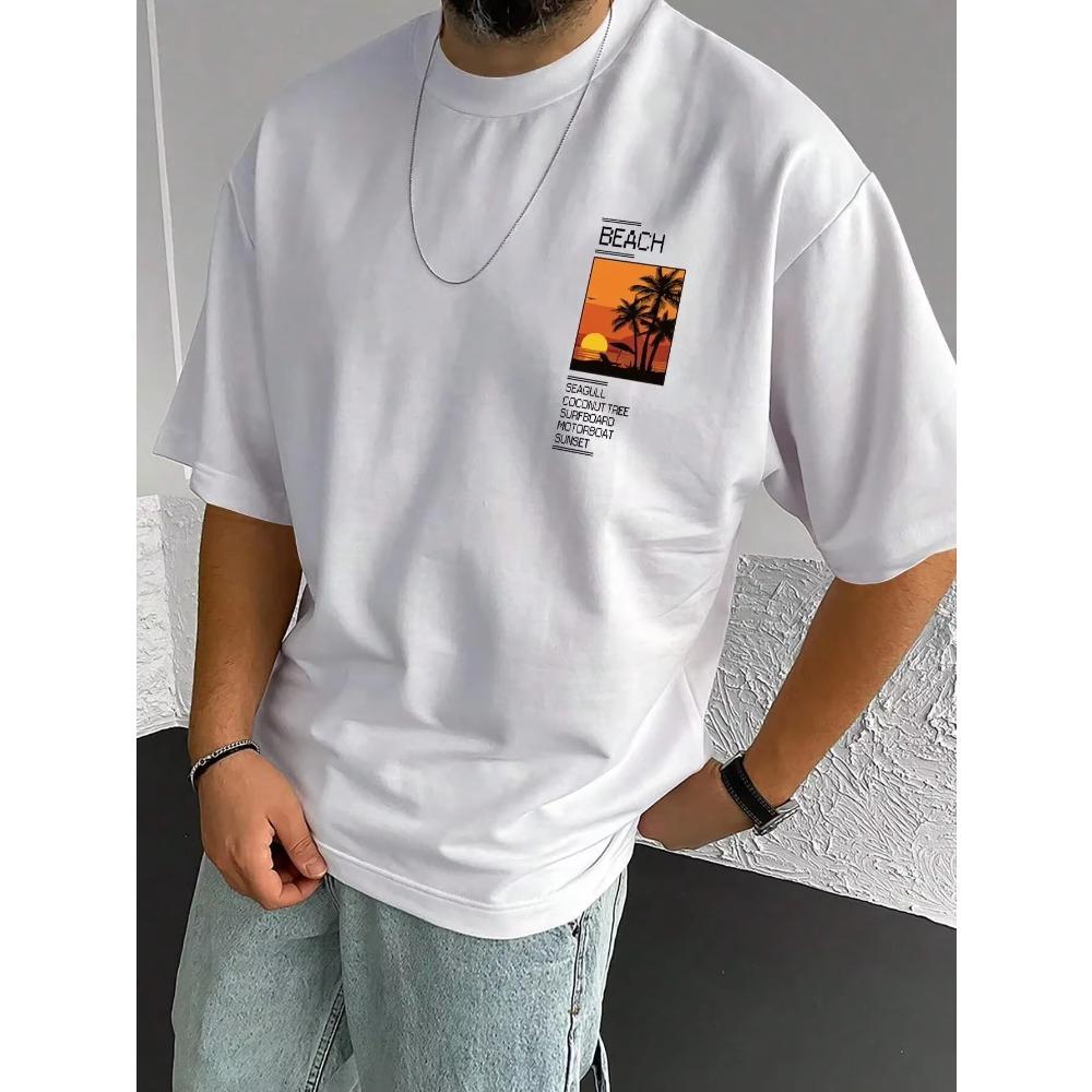 Men's 100% cotton summer loose Coconut Tree&Sloan Graphic printed slim fit casual sports round neck short sleeved T-shirt top