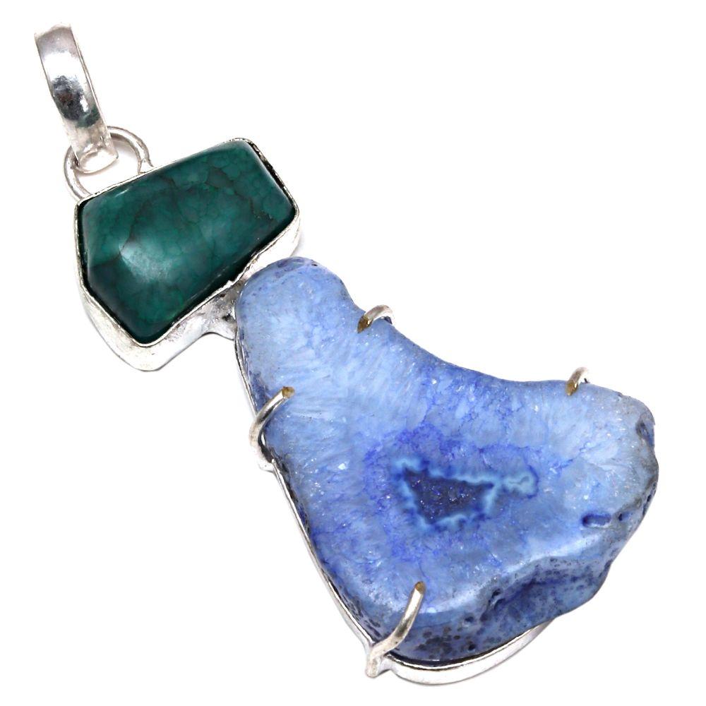 

Pendant Blue Slice Drusy Gemstone Handmade Silver Jewelry 2.5
