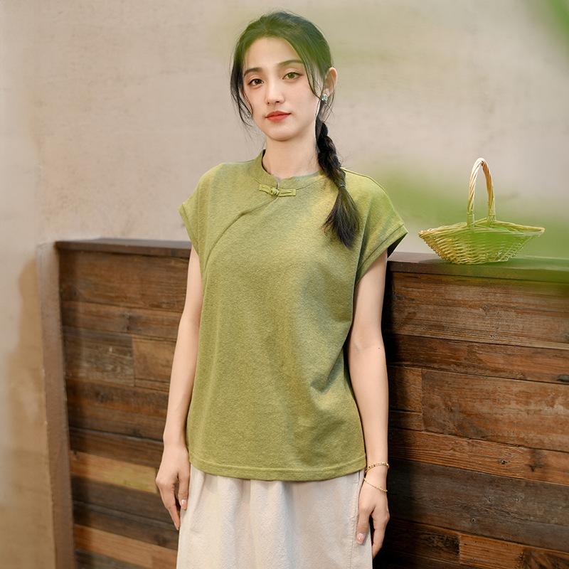 

Johnature Женские футболки в китайском стиле с коротким рукавом, летние однотонные винтажные футболки XXL зелёный