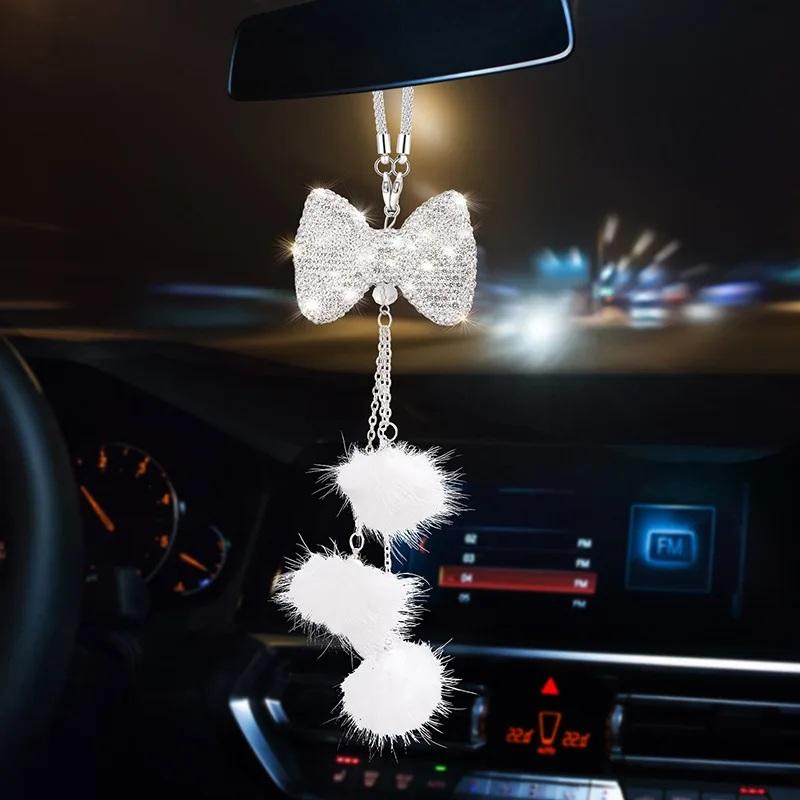 Fashion Diamond Bowknot Pendant Car Rearview Mirror Hanging Decoraction Ornament Christmas Birthday Gift Women's Car Accessories