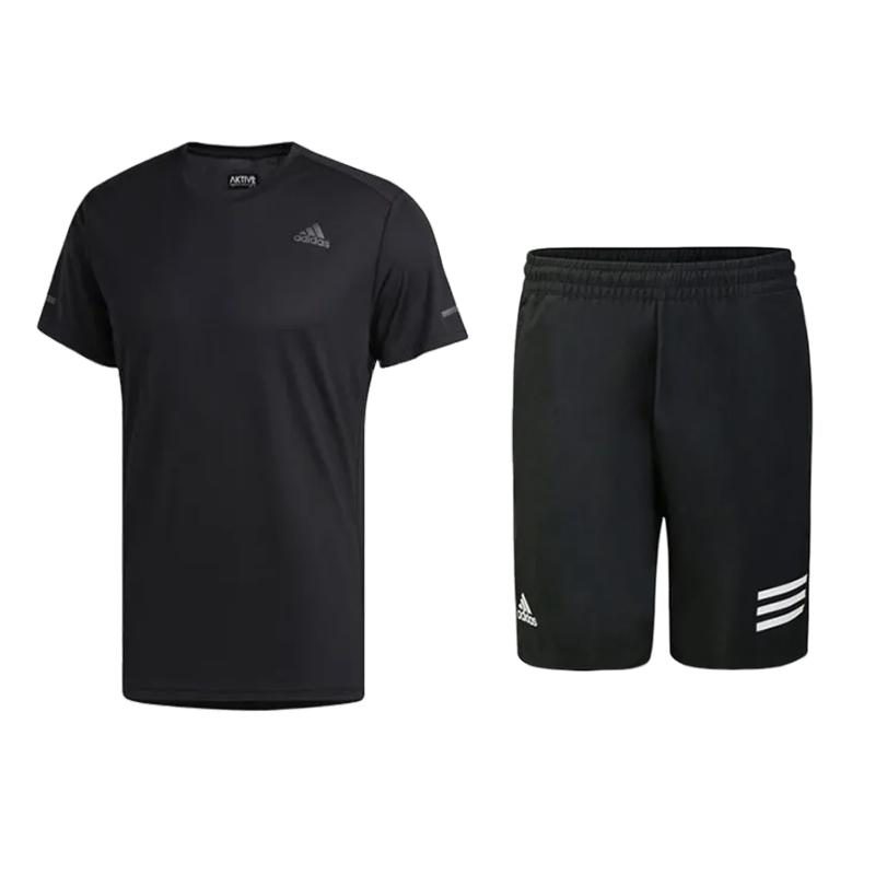 

Adidas Letter Logo Training Short Sleeve Shorts Casual Sports Set Men sets Black FL6972+GL5411 S