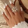Koreanischer Eleganter Strass & Perlen Blumen Verstellbarer Ring