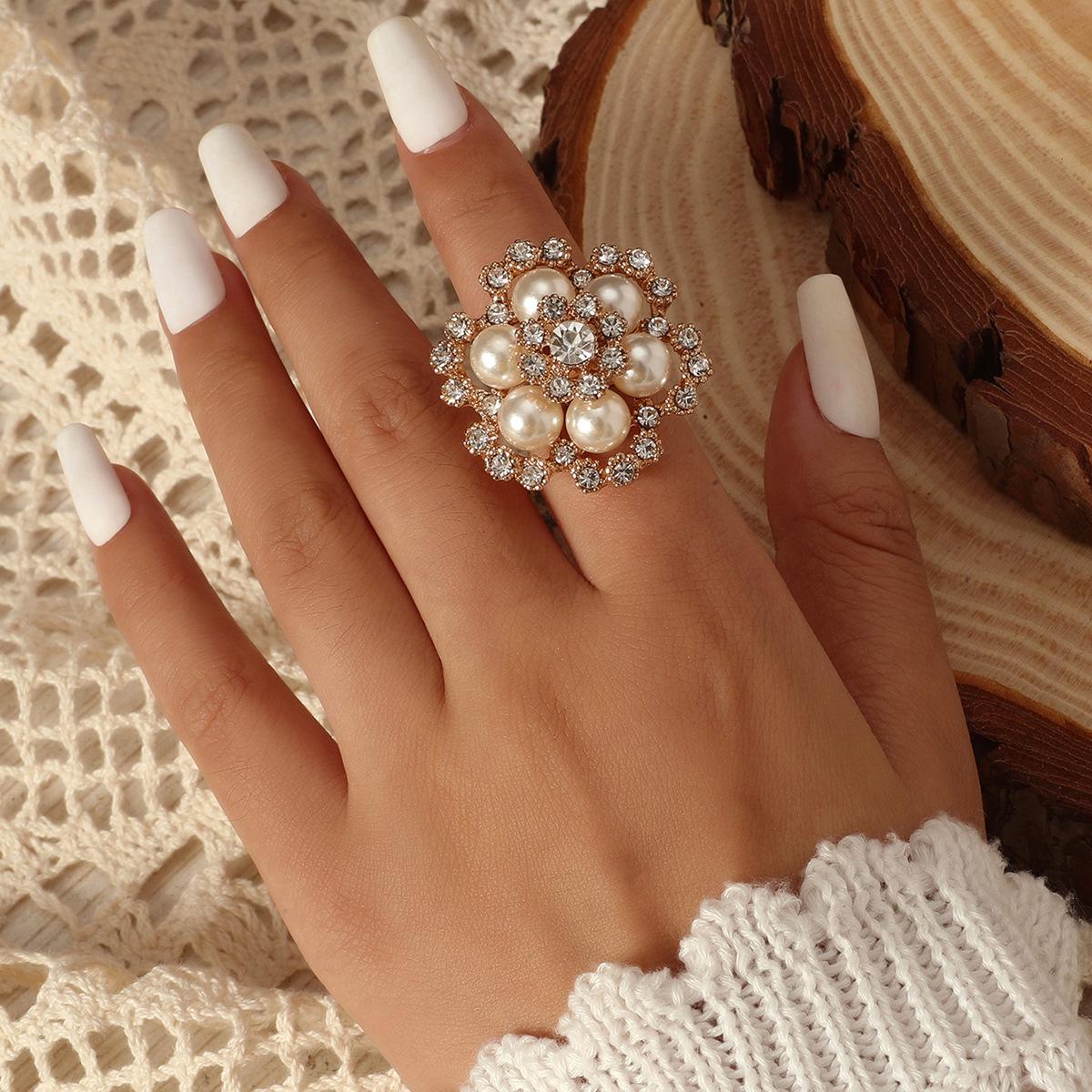 Korean Elegant Rhinestone & Pearl Floral Adjustable Ring